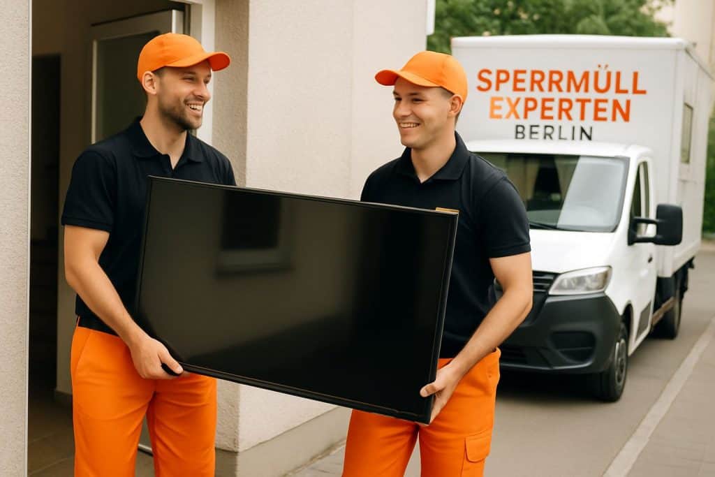 Zwei Mitarbeiter tragen einen Fernseher aus dem Haus – Sperrmüll Abholung vor Ort in Berlin