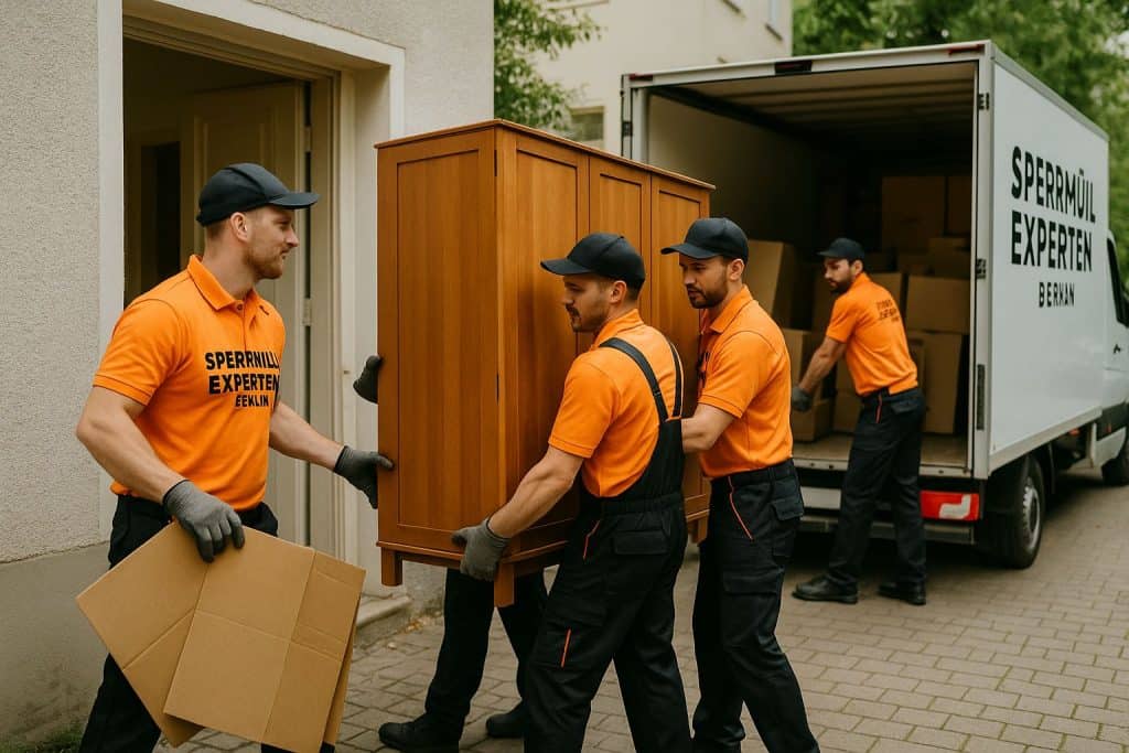 Nachlassauflösung in Berlin – Sperrmüll Experten Team trägt schweren Schrank aus einer Wohnung nach Todesfall